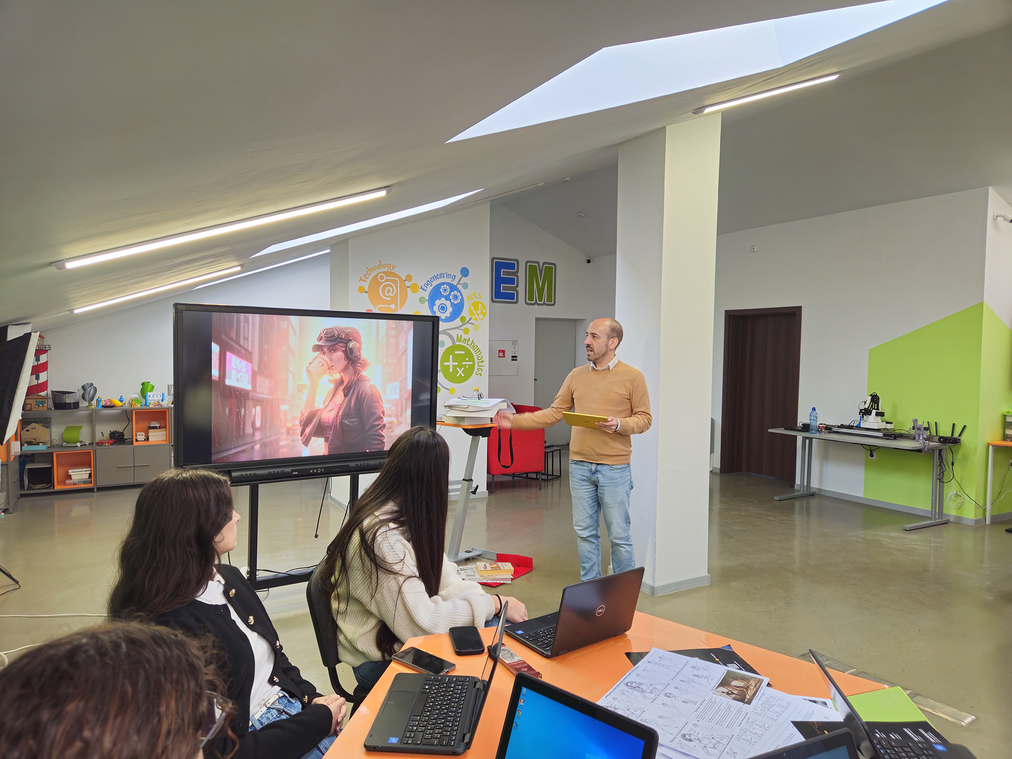 Instructor leading the animation workshop at Sava Dobroplodni, screen showing character design