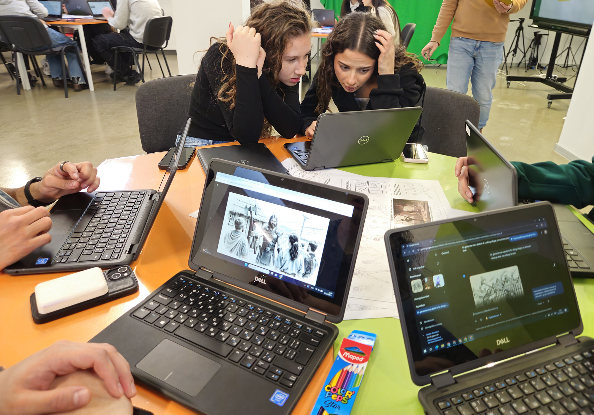 Students working on laptops with AI tools and drawings during animation workshop