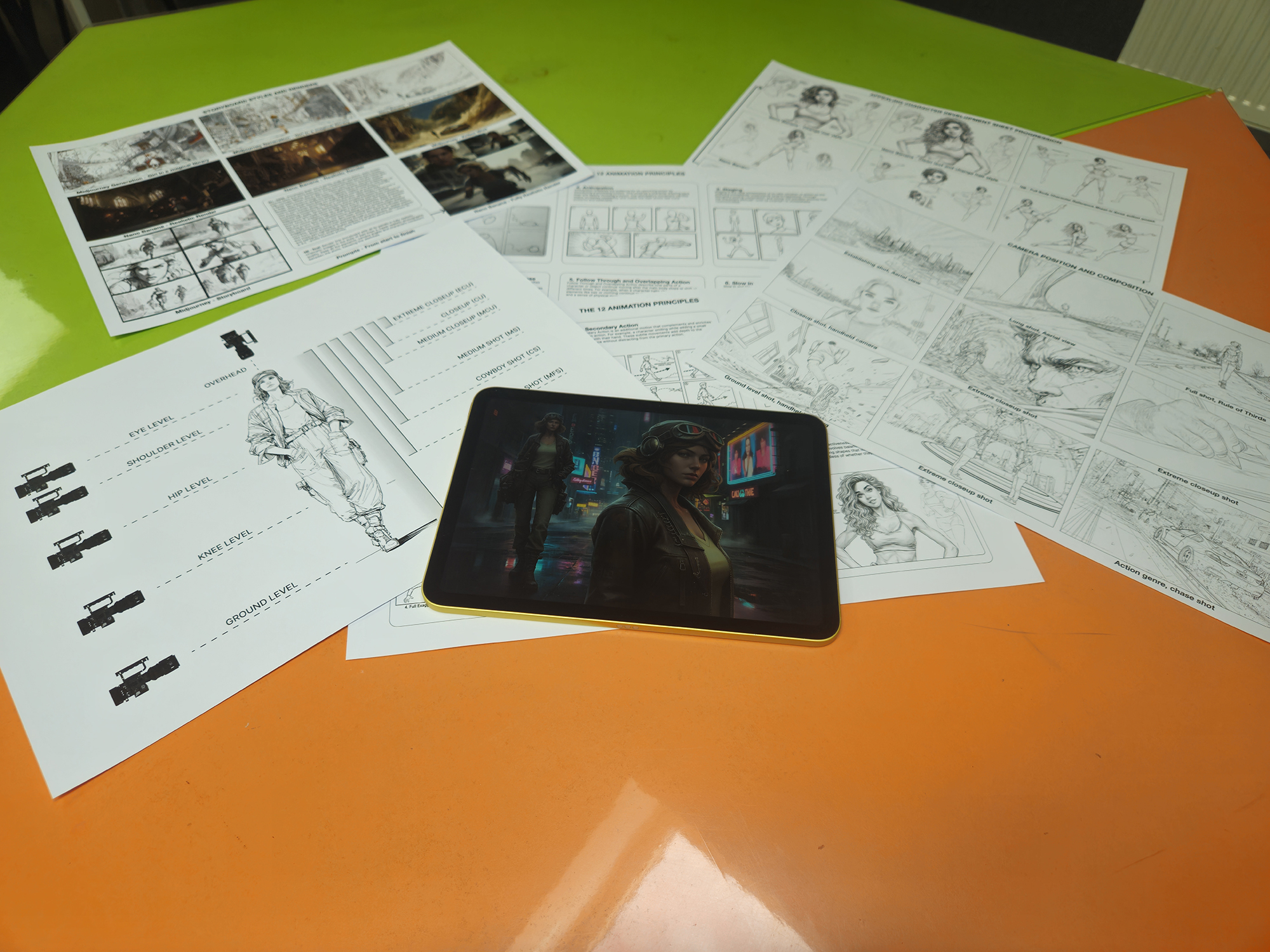 Cinematography workbook, animation principles and character sheets from the workshop